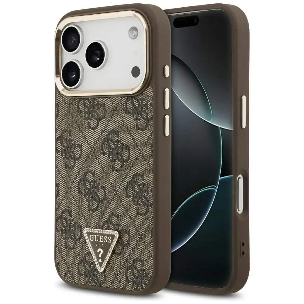 GUESS etui za iPhone 17 Pro, združljivo z MagSafe, GUHMP17LP4GTDGMW (4G PU z logotipom v obliki trikotnika), zlato-rjava barva