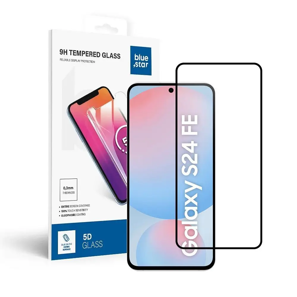 Kaljeno steklo za Samsung Galaxy S24 FE (full glue / združljivo z ovitki) Blue Star 5D, črno
